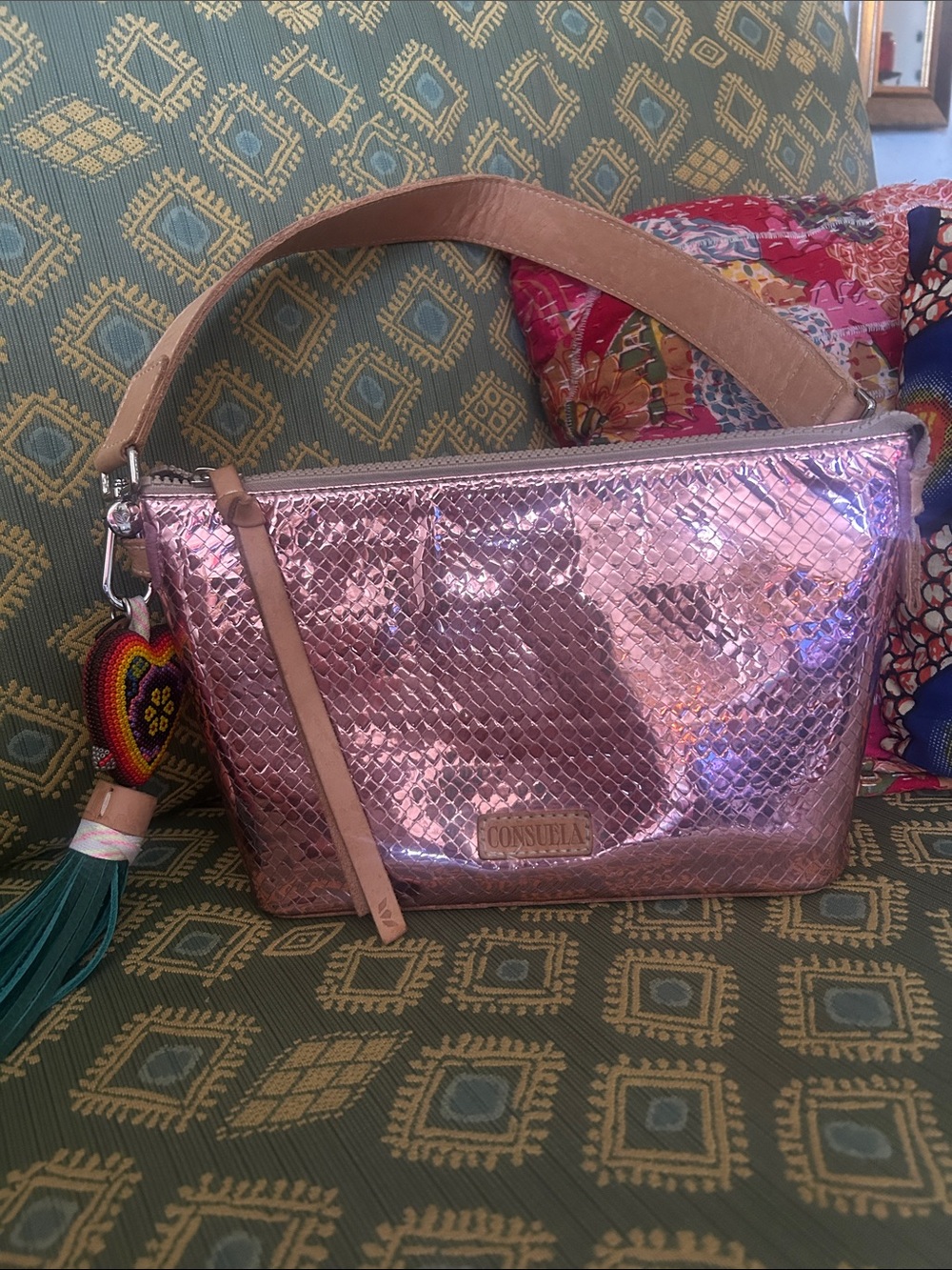Consuela Metallic Pink Snake-Embossed Shoulder Bag with Leather Strap